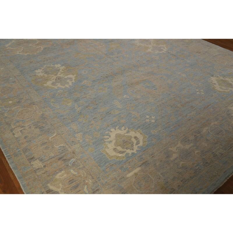 Hand Knotted Oriental 100% Wool Carpet Transitional All-Over Navy Blue & Blues Oushak Area Rug - 12' 1'' X 8' 11''