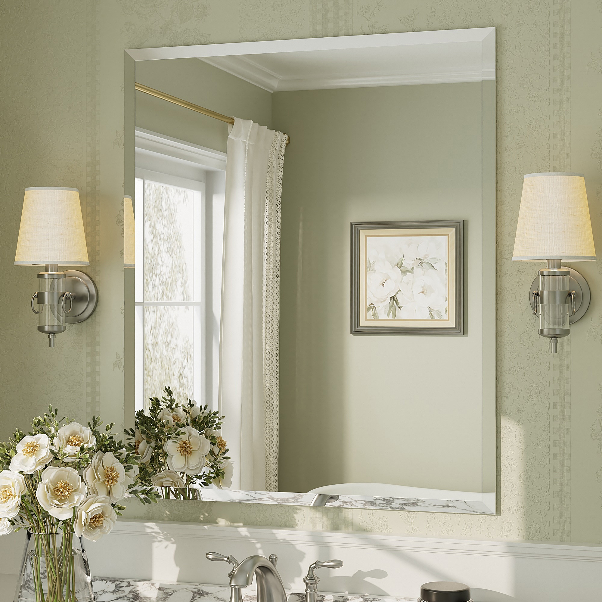 Shatterproof Beveled Frameless Tempered Glass Wall Mirror Bathroom Vanity Mirror