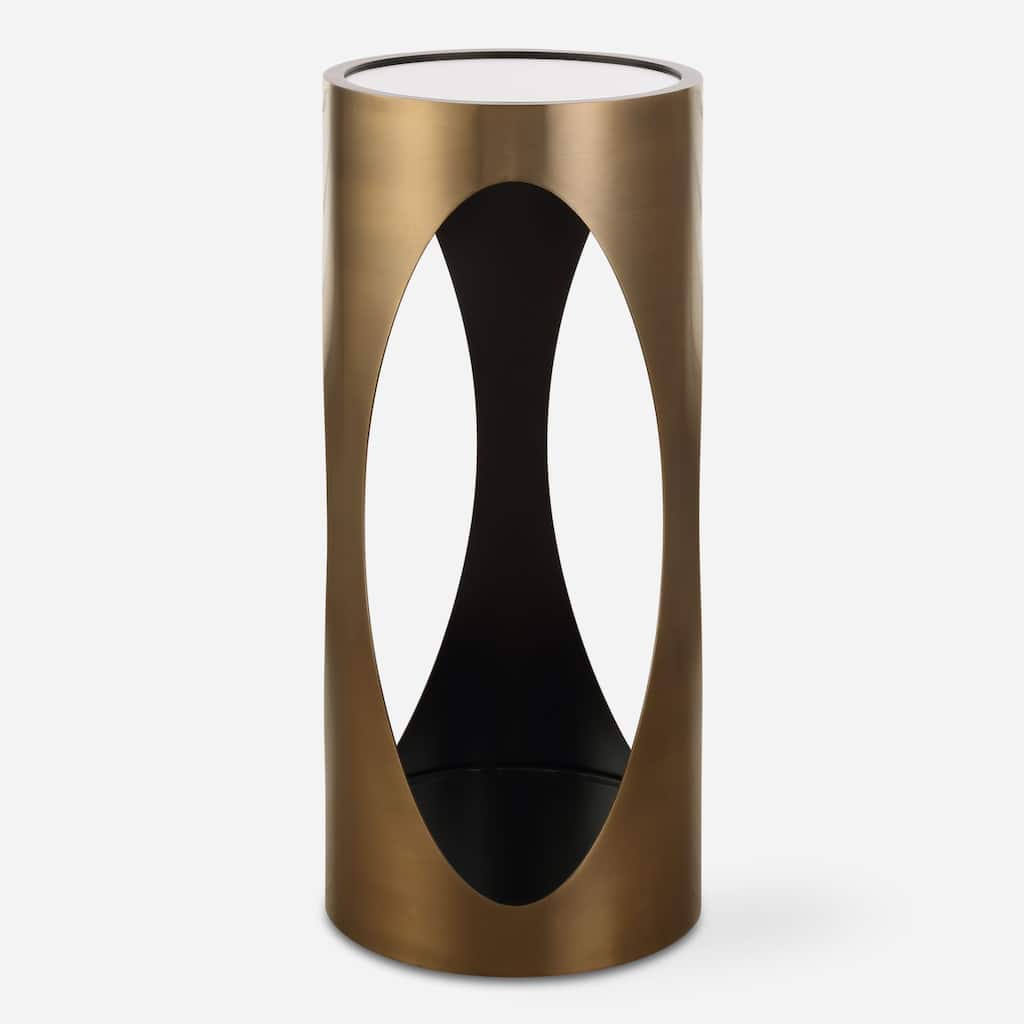 Mirrored Top Cylindrical End Table - 24" - Brass