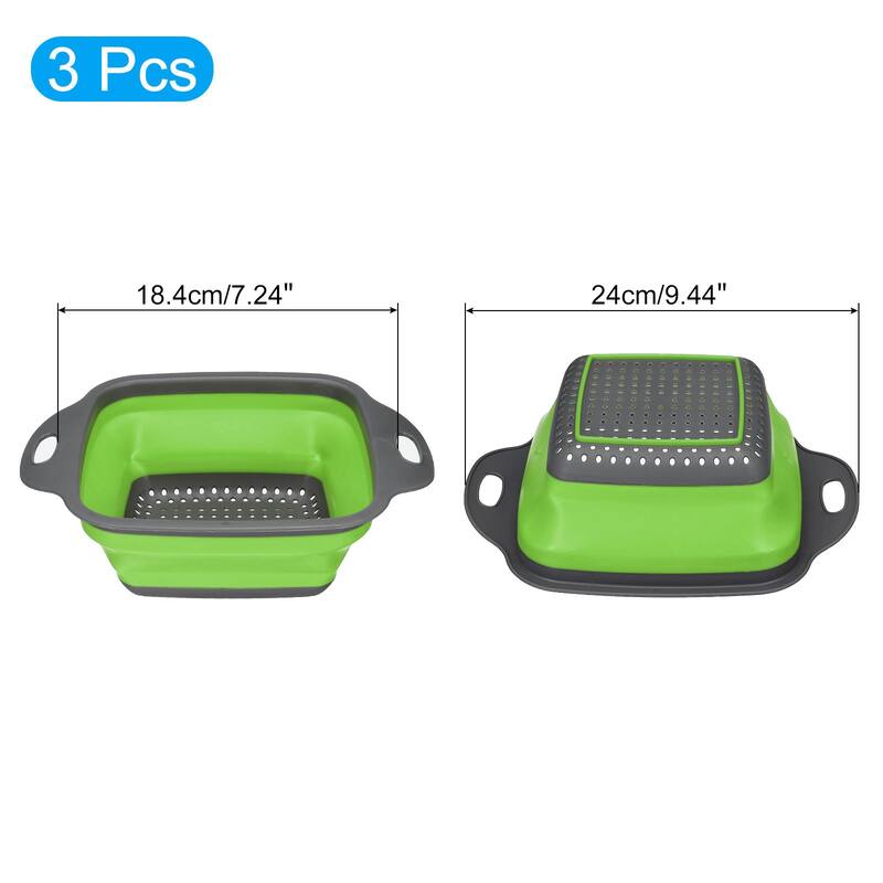Collapsible Colander Set, Silicone Square Foldable Strainer w Handle