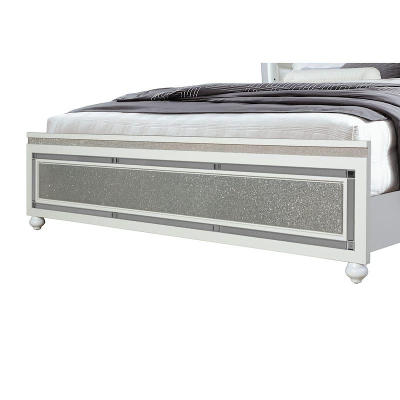 HomeRoots White And Silver and White Faux Crystal Bling Wood And Upholstery Lighted Queen Bed Frame