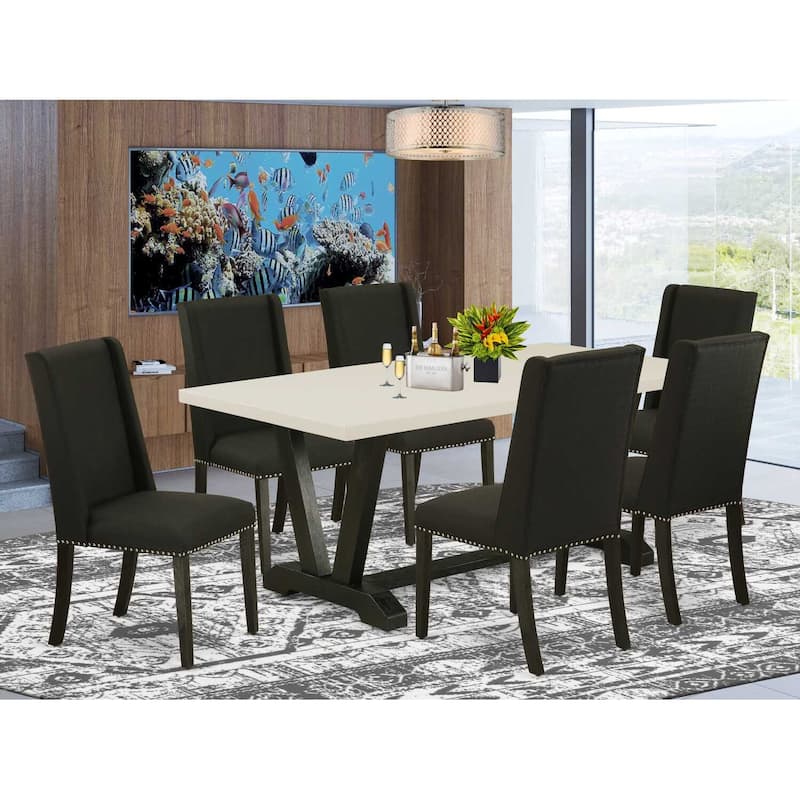 HomeStock 7-Pc Rectangle Natural Oak Finish Solid Wood Top Dining Table with 6 Parson-Chairs