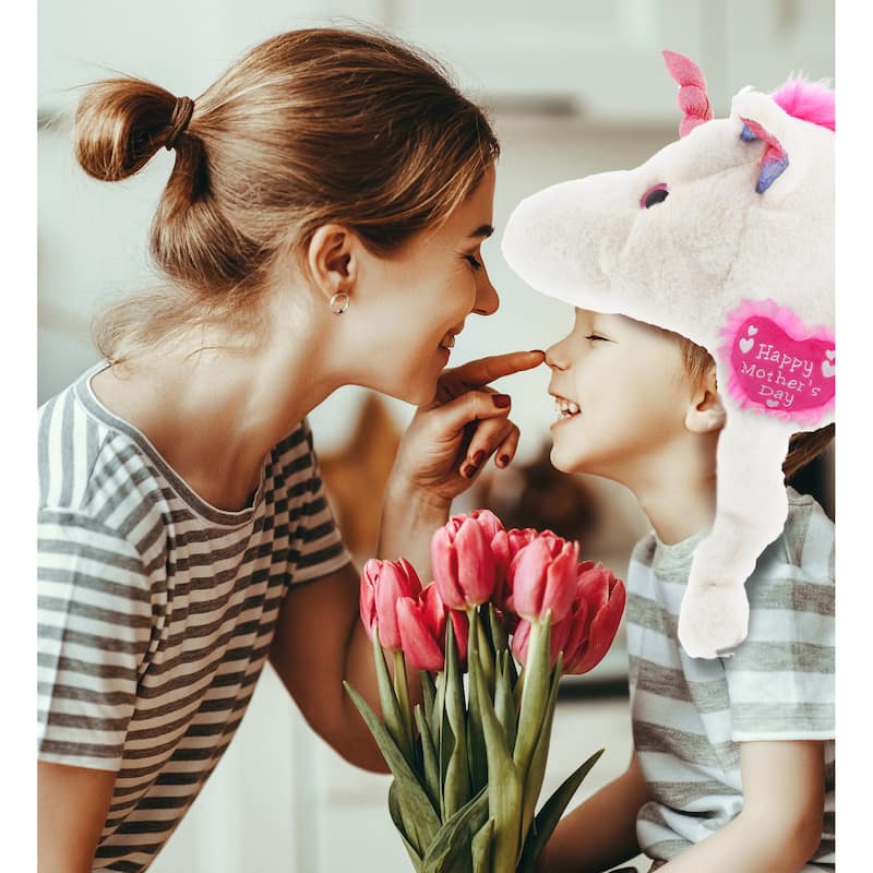 DolliBu Happy Mother’s Day Super Soft White Unicorn Plush Hat - 16 inches