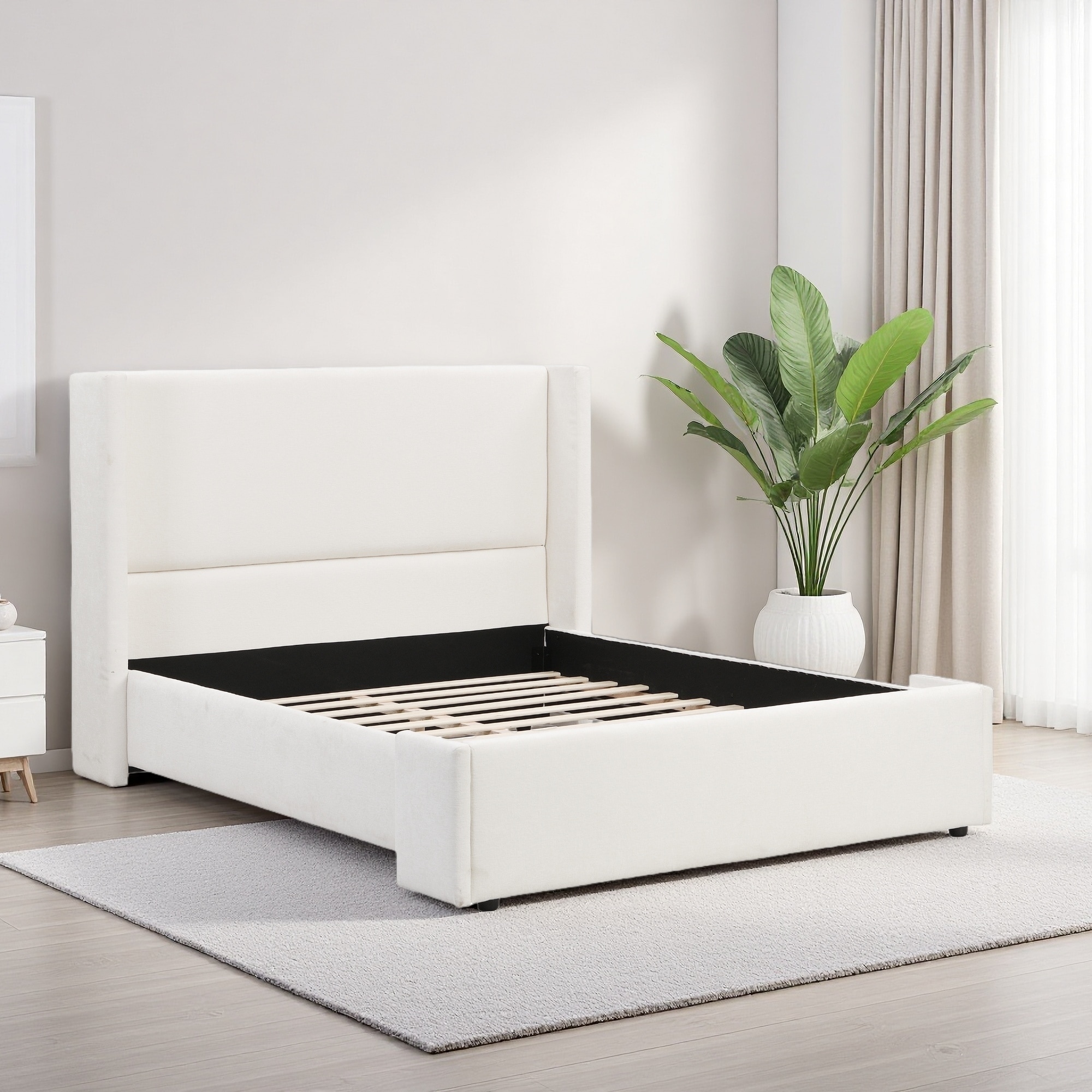 Queen Size Upholstered Bed with Tall Wingback Headboard, Soft-Touch Fabric, Modern Timeless Design & Sturdy Construction