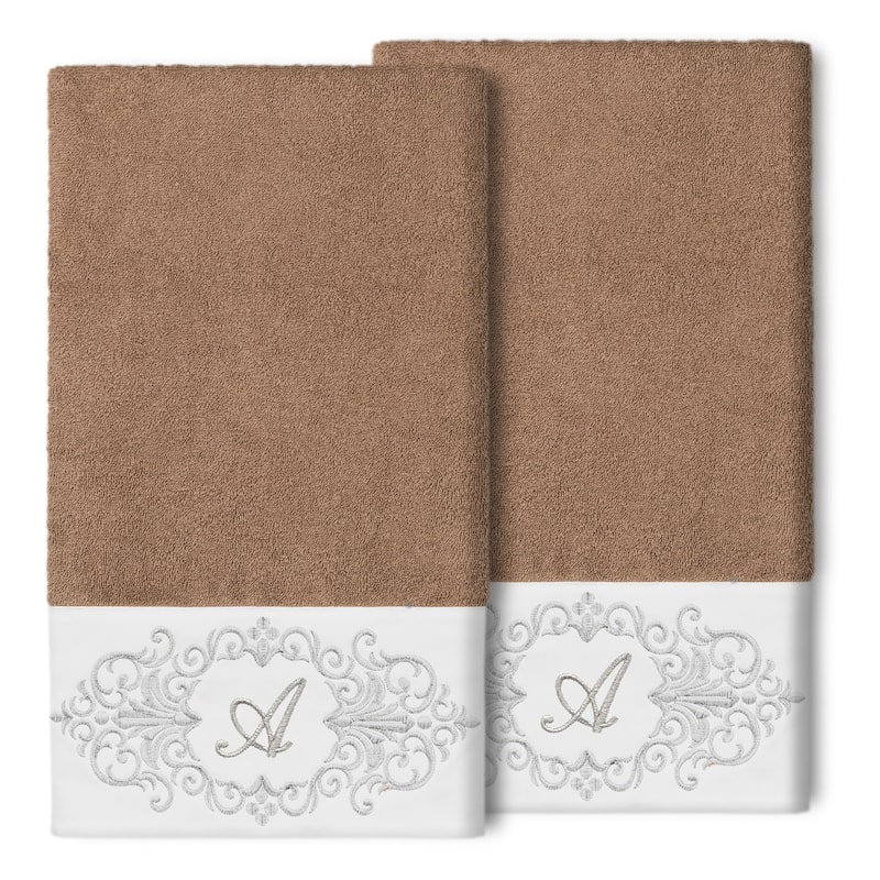 Authentic Hotel and Spa 100% Turkish Cotton Monica 2PC Embellished Bath Towel Set - A - Latte