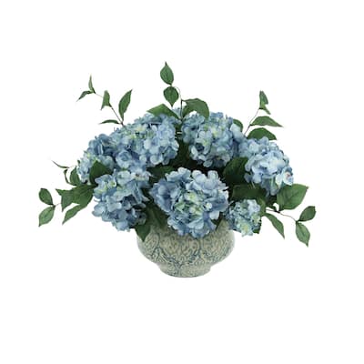 Hydrangea Floral Arrangement in a Decorative Ceramic Vase - Blue, White