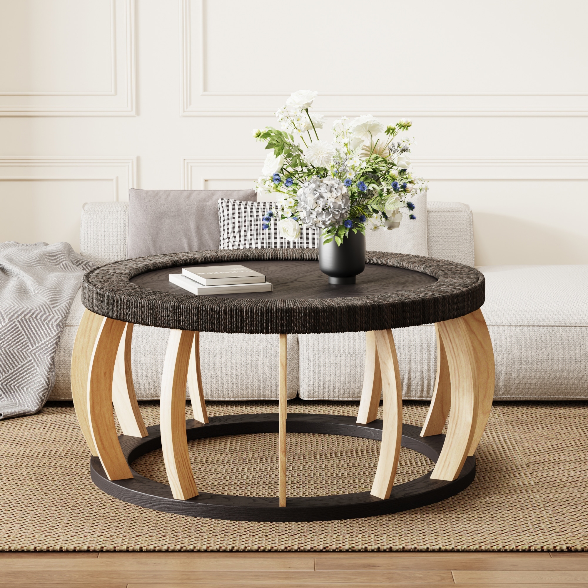 35.43" Vintage Rattan Solid Wood Round Coffee Table with Curved Legs