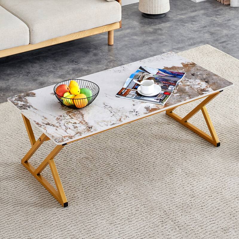 47" Modern Rectangular Coffee Table with Sintered Stone Tabletop and X-shaped Metal Legs - Gold