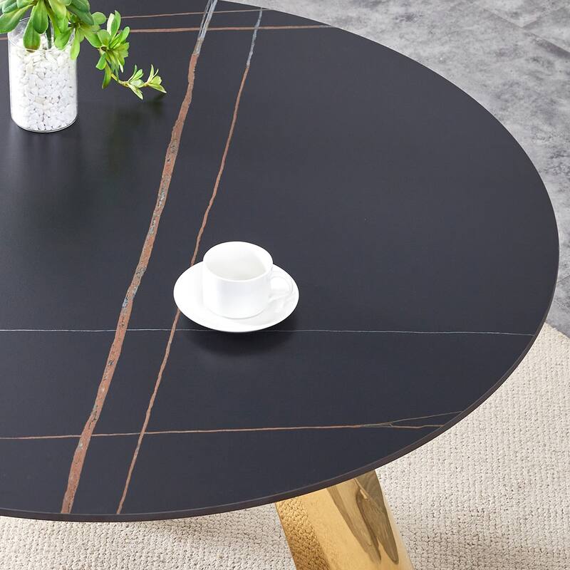 Roomfitters 42" Round Granite Dining Table with Gold-Plated Legs, Sintered Stone Top, Seats 4 tto 6, Black