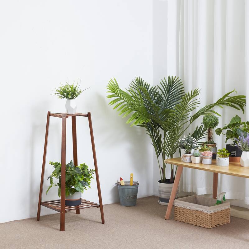 2 Tiers Potted Bamboo Flowers Stand Corner Plant Rack