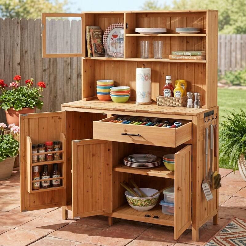 Roomfitters 65" Garden Potting Bench with Storage Hutch, Outdoor Potting Table & Prep Station, Drawer, Cabinet, Shelves