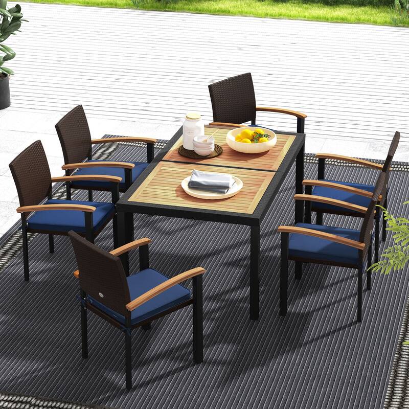 Outsunny 7 Pieces Patio Dining Set with Space-Saving Design, Wicker Patio Furniture Set Outdoor Dining Set with Acacia Wood