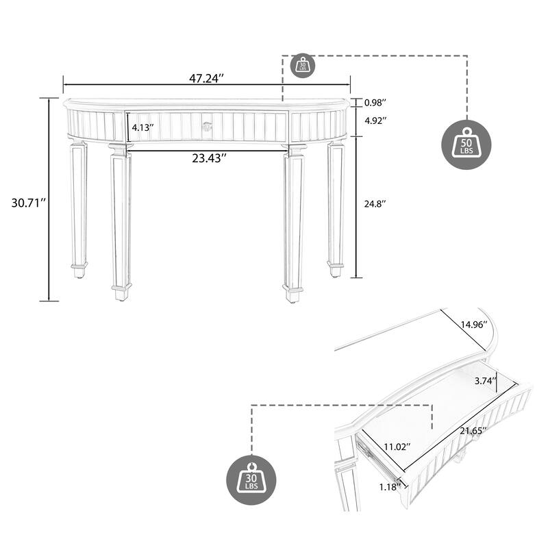 47 inch Half Moon Mirrored Console Table Fluted Glass Crystal Knob Drawer Silver Gold