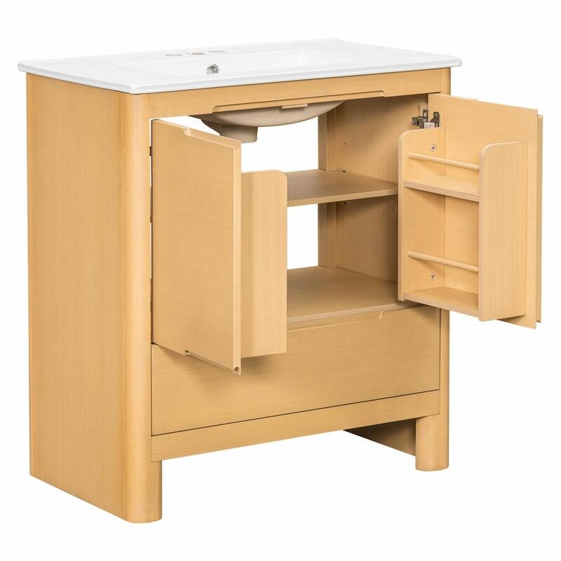 30 Inch Modern Bathroom Vanity with Ceramic Sink, Natural Wood Grain Cabinet, Solid Wood Frame
