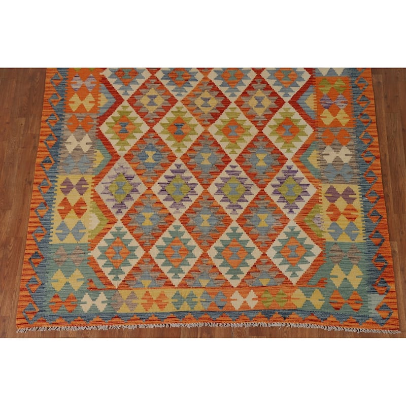 Hand-Woven Geometric Kilim Area Rug Oriental Wool Carpet - 6'2" x 7'10"