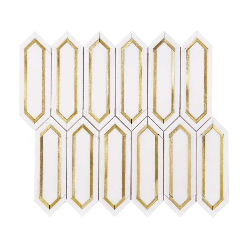 Thassos White and Gold Metal Long HoneyComb Marble Mosaic Tiles - Case (10 Sheets)
