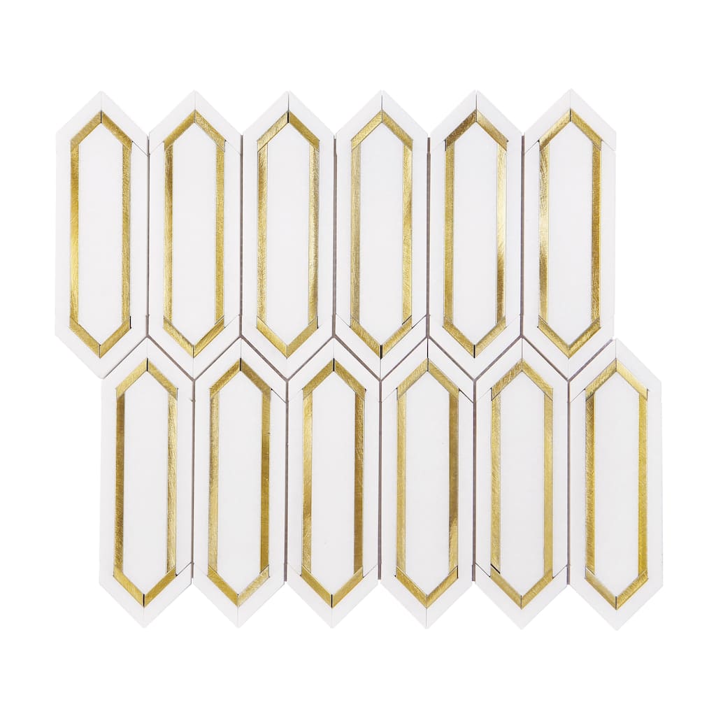 Thassos White and Gold Metal Long HoneyComb Marble Mosaic Tiles - Case (10 Sheets)