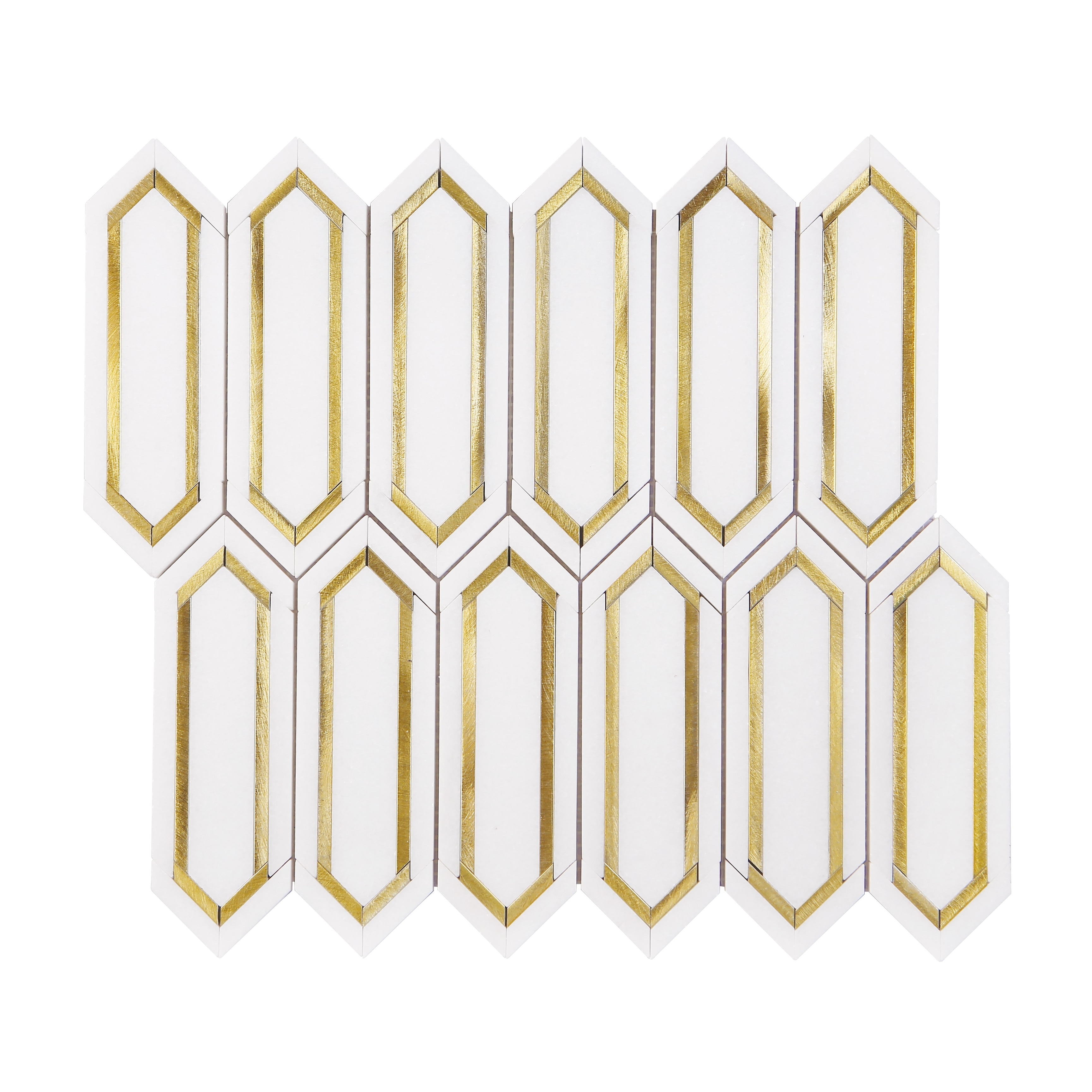 Thassos White and Gold Metal Long HoneyComb Marble Mosaic Tiles - Case (10 Sheets)