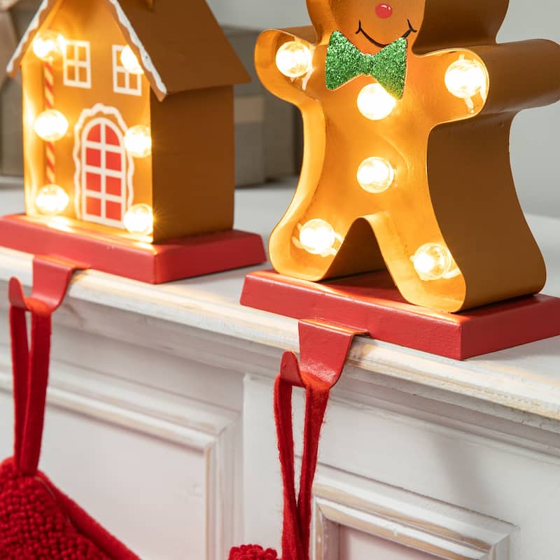 Glitzhome Christmas Marquee LED Star Snowman Tree Gingerbread Stocking Holders Mantel Ornament