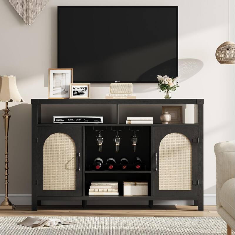 52" Rattan Sideboard Buffet Cabinet with Storage and Wine Racks, Farmhouse Kitchen Buffet Cabinet with Drawer