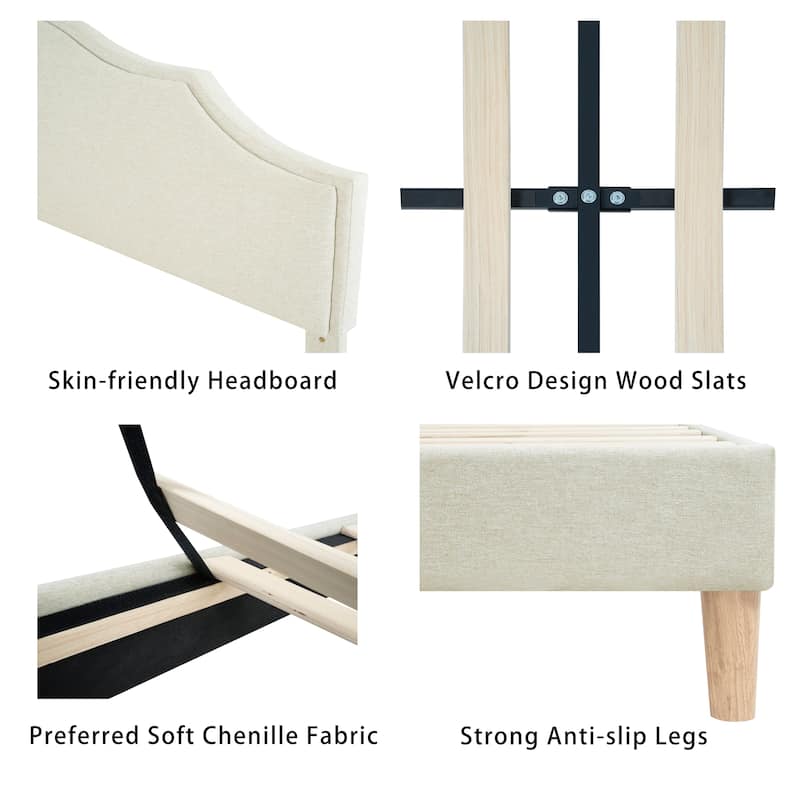 Modern Queen/King Size Platform Bed Frame with Adjustable Linen Headboard, Wood Slats, 1000lbs Support, Beige