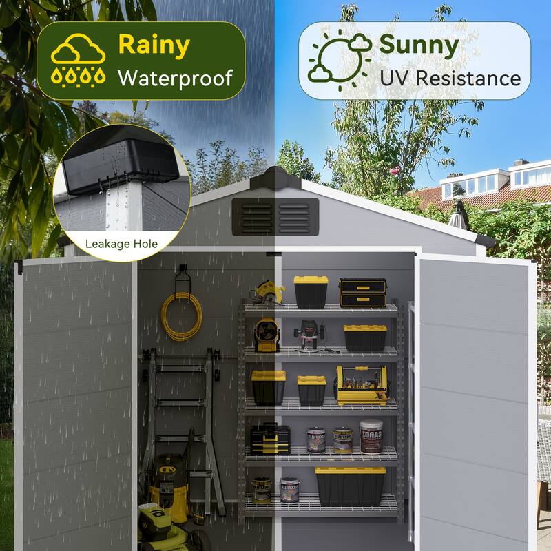 EROMMY Outdoor Storage Shed with Built-In Floor, Lockable Double Doors & Sloped Roof, Gray/Black