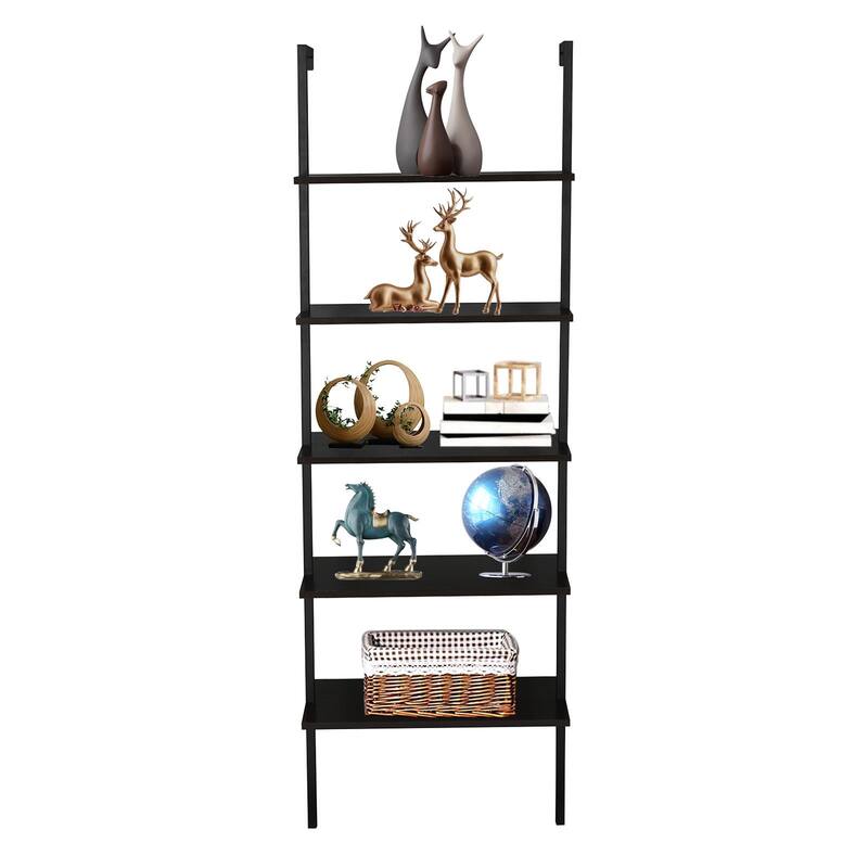 5-Shelf Wood Ladder Bookcase with Metal Frame Modern Tall Display Shelf Racks
