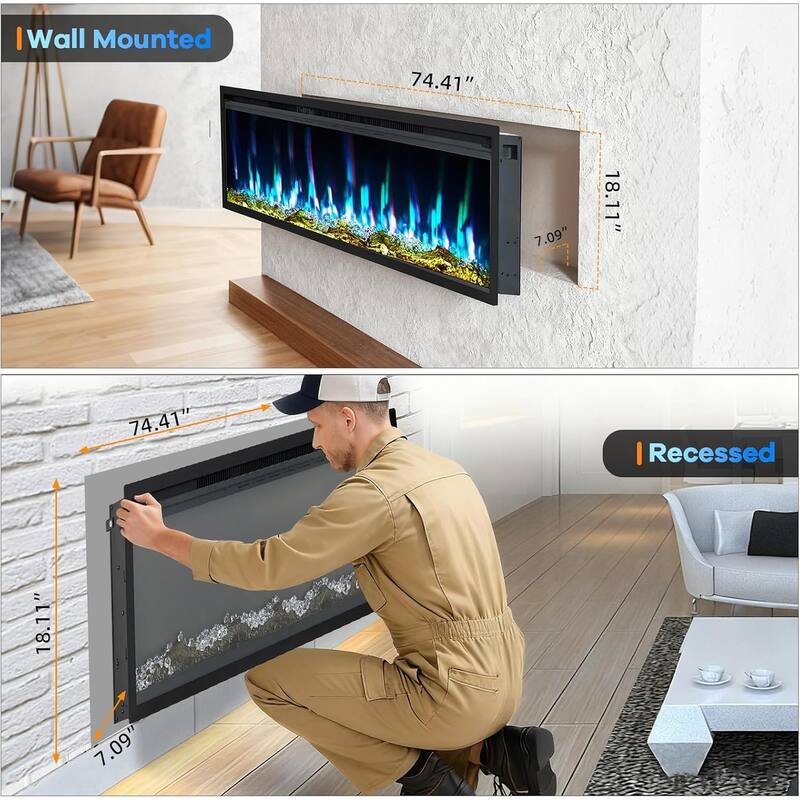 120V 1500W Wall Mounted Electric Fireplace, Remote & Touch Control