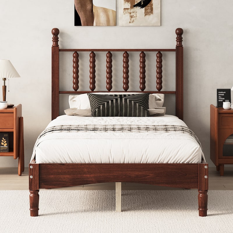 Twin/Full/Queen/King Retro Style Wood Platform Bed with Gourd Headboard and Wooden Slat Support