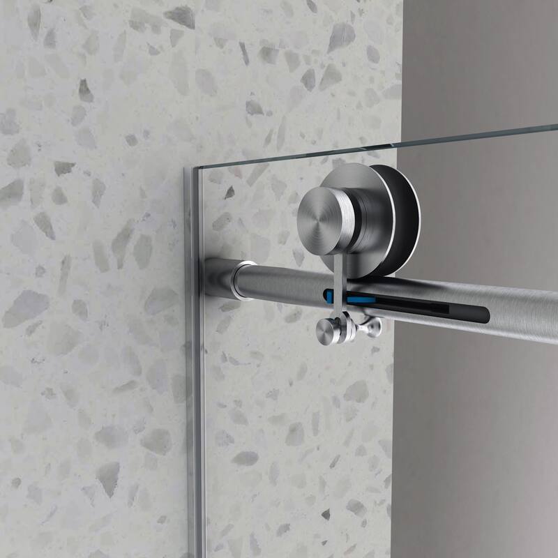 Frameless single-slide sliding shower door with adjustable soft-close feature