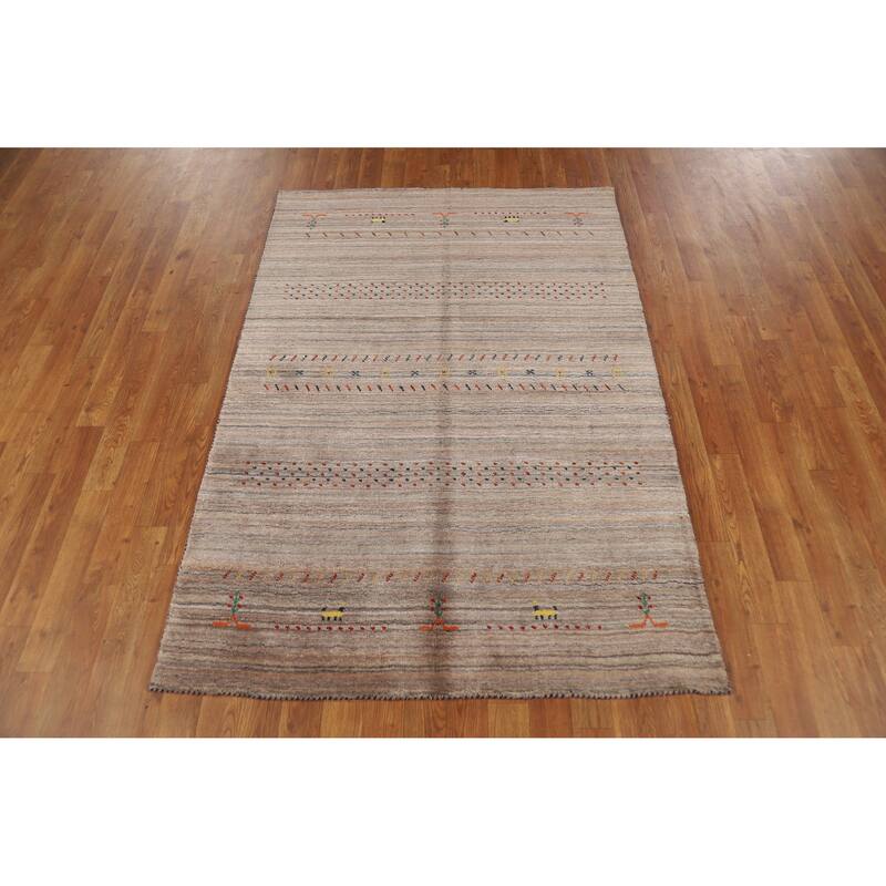 Tribal Gabbeh Indian Rug Hand-Knotted Modern Brown Wool Carpet - 3'10" x 5'7"