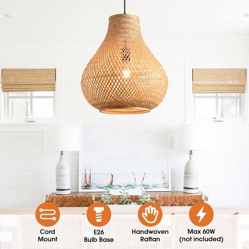 15" Natural Farmhouse Vase Shape Handwoven Rattan Caged Pendant Light - 14.96" D x 14.96" W x 62.99 " H