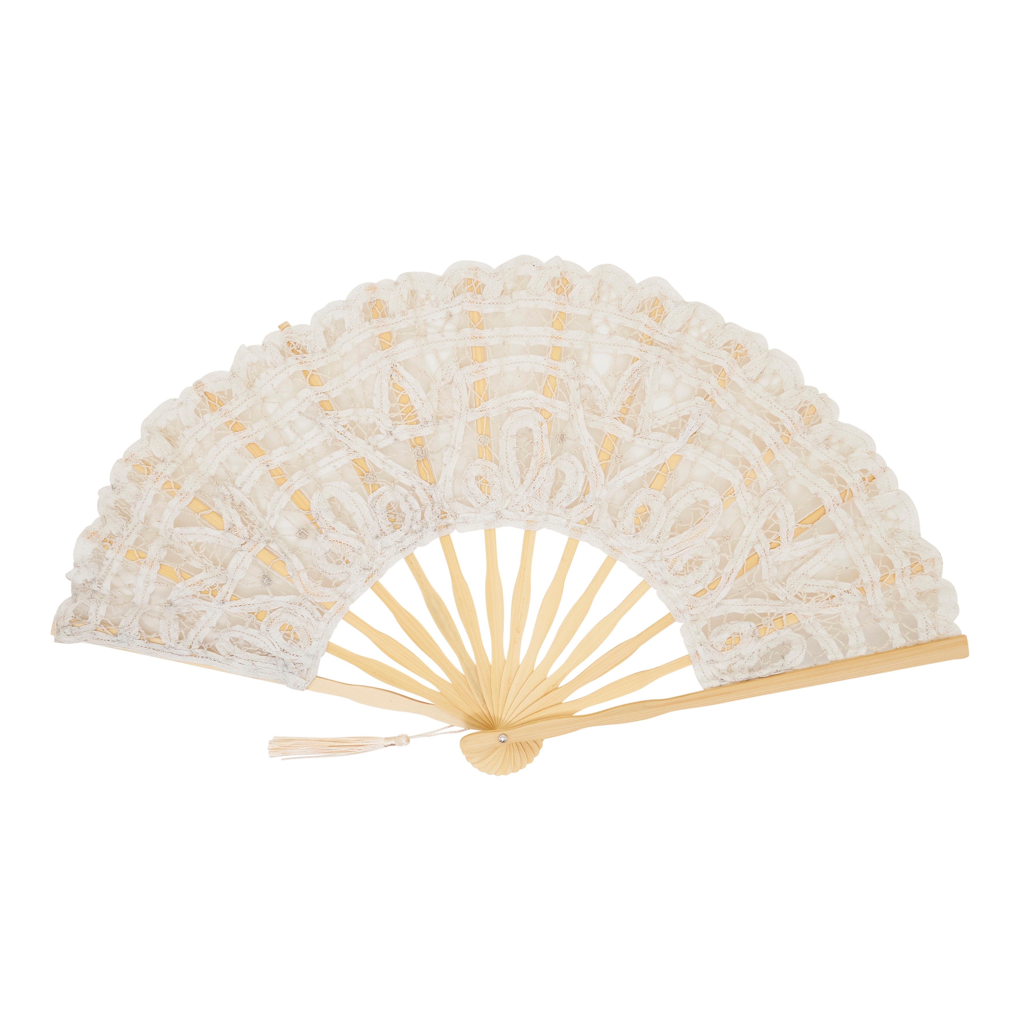 Battenberg Lace Folding Hand Fan - Cotton Decorative Fan with Tassel for Weddings, Travel and Everyday Use