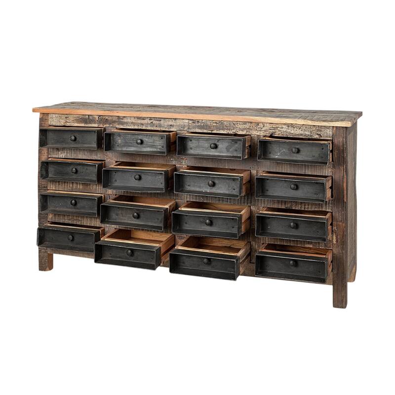 HomeRoots 63" Brown and Black Solid Wood 16 Drawer Sideboard - 16' X '32' X '63
