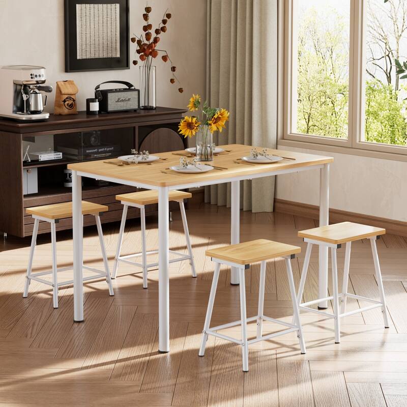 VECELO 5 Piece Dining Table Set with 4 Stools for Breakfast Nook - Oak