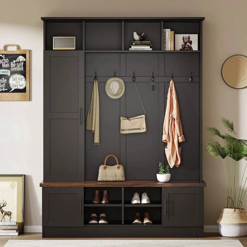 Versatile 3-in-1 Farmhouse Hall Tree with with 6 Hooks & Adjustable Shelves - Walnut Storage Benchr