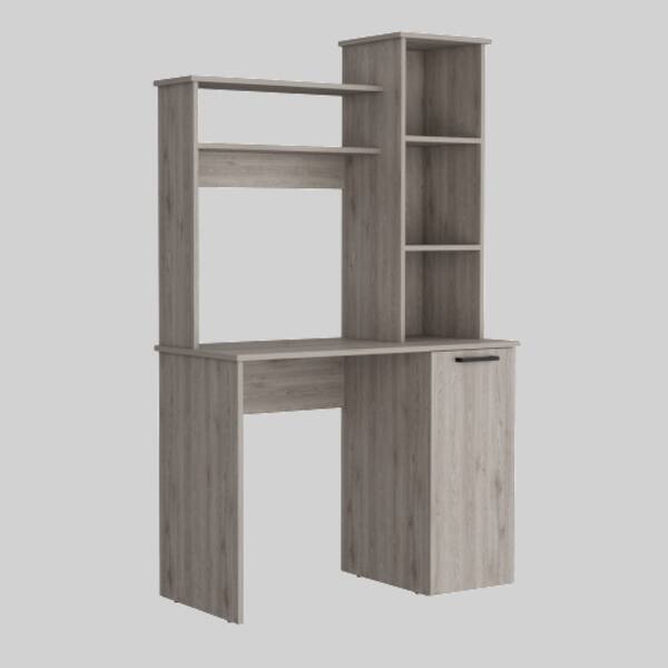 slide 2 of 3, Functional Desk with Hutch, Single-Door Cabinet, and Open Shelving for Organized Workspace Grey