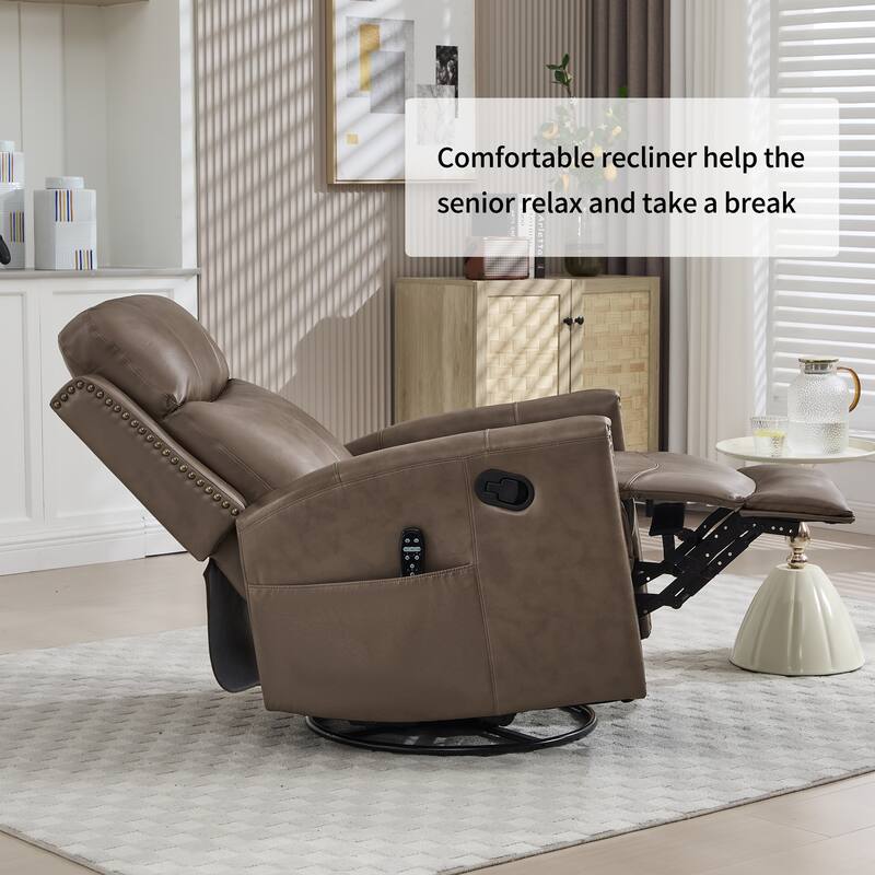 Leather Heat Massage Manual Recliner Chair with Rocker and Swivel for Living Room