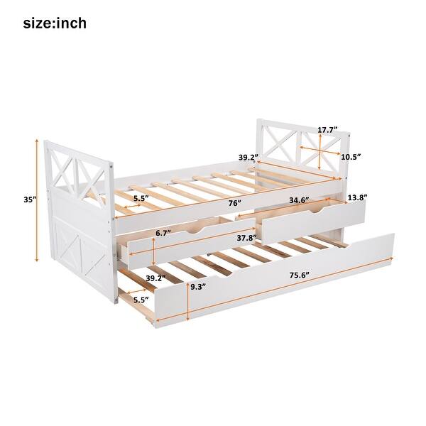 dimension image slide 2 of 3, Twin Size Wooden Daybed with 2 Drawers and Trundle for Kids Teens