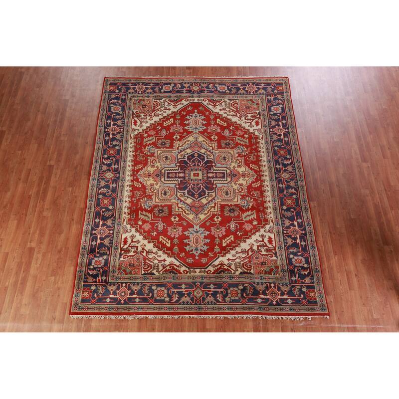 Hand Knotted Oriental 100% Wool Carpet Traditional Medallion Red Heriz (serapi) Area Rug - 9' 11'' X 7' 10''