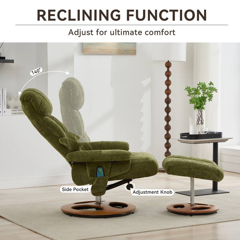 Recliner Chair with Ottoman, Modern 360° Swivel Lounge Chair with Footstool, Chenille Fabric, 5 Point Vibration Massage
