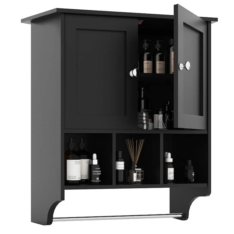 Wall Mounted Wood Bathroom Cabinet with Towel Bar - Black
