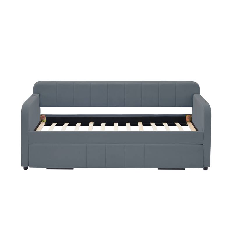 Twin Daybed with Trundle, Upholstered Velvet Frame, Space Saving Daybed Bed for Guest Room