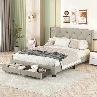Curated visual reference: Gallery Detail: Beige Platform Bed W Drawers Button Tufted Design Headboard