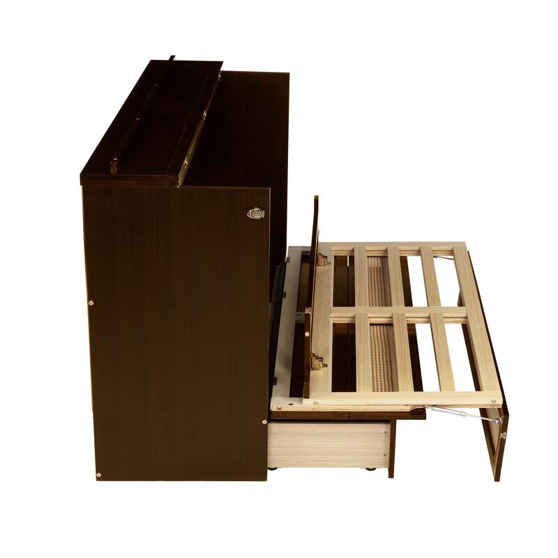 Queen Size Murphy Bed Cabinet with Rattan Decoration and Storage Drawer, Walnut Finish