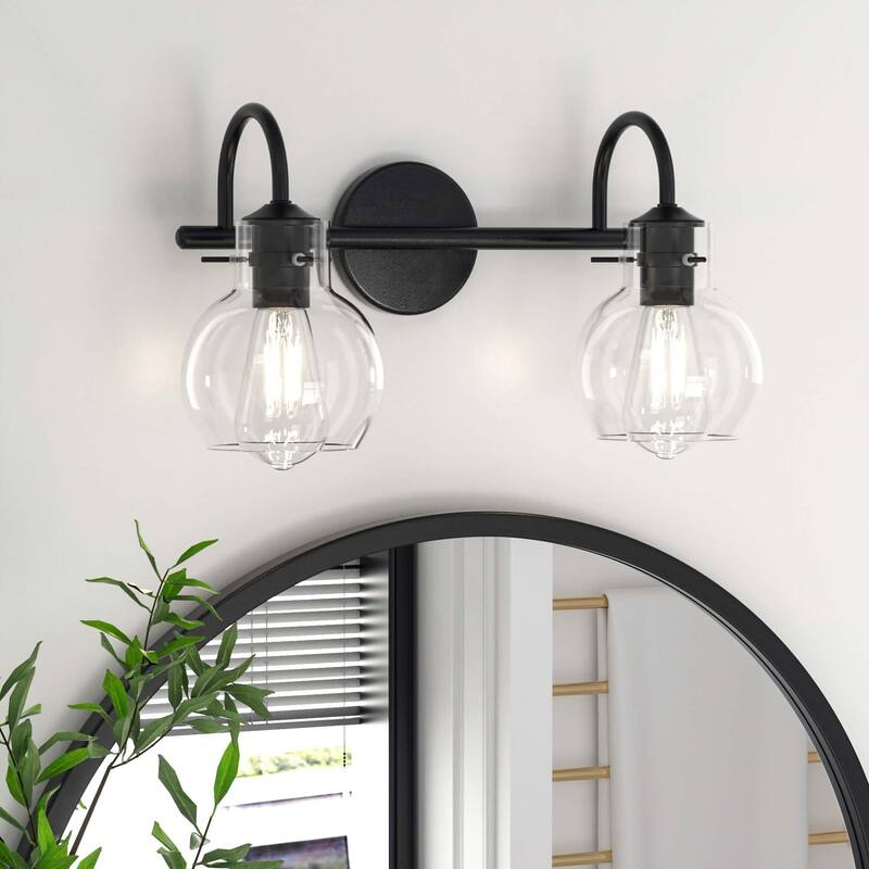 Modern 2/3/4 Bathroom Vanity Lights Clear Globe Glass Shade - 2-Light/11" - Black