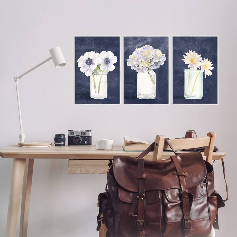 Stupell Farmhouse Flower Bouquets Navy Blue White Painting,3pc, each 10 x 15, Wood Wall Art