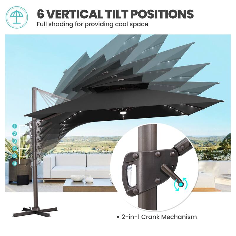 11 FT Outdoor Solar Powered LED Patio Cantilever Umbrella Double Top Square Umbrella