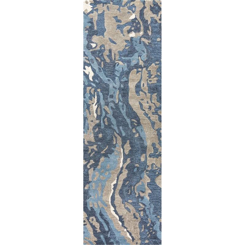Alora Decor Lapis Blue, Grey, and Ivory Hand-tufted Wool Blend Rug - 2'6" x 8' - Blue