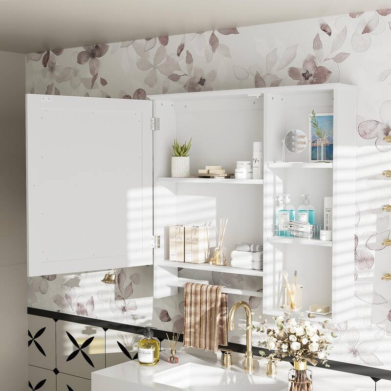 GDFStudio - Rosdale Modern Wall Mounted Bathroom Storage Mirror Cabinet with Adjustable Shelves, Open Storage and Towel Rack